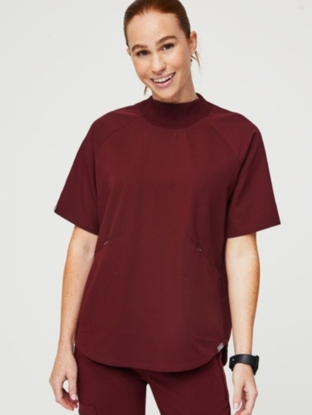 FIGS Ngara Mock Neck Scrub Top Burgundy Women S Oversized Stretch Uniform Work